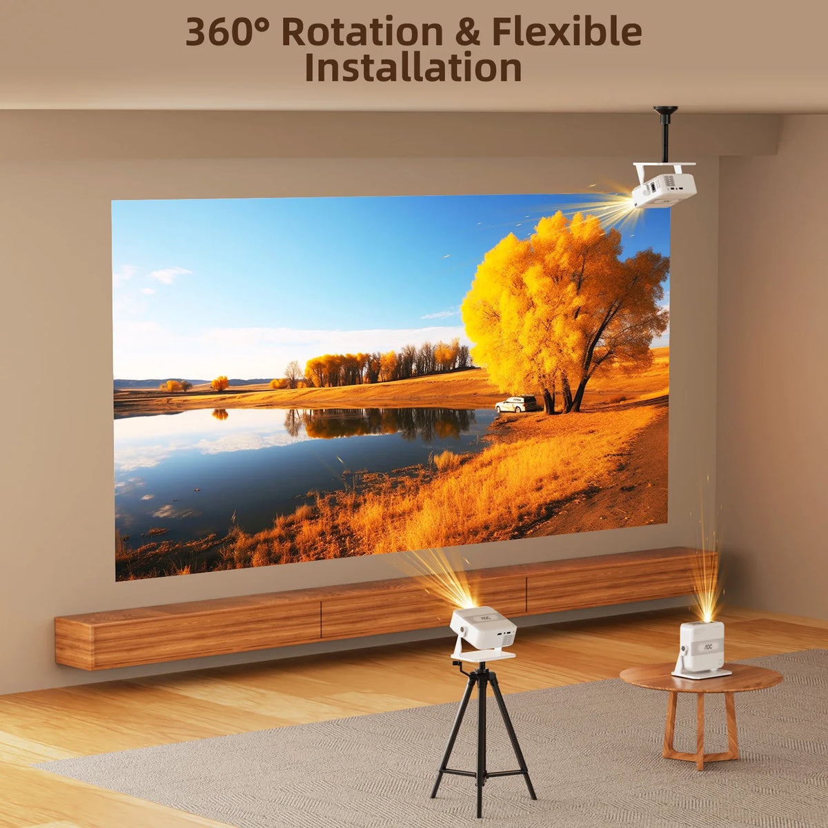 Proyector mini blanco instalado en trípode, con lente frontal visible.