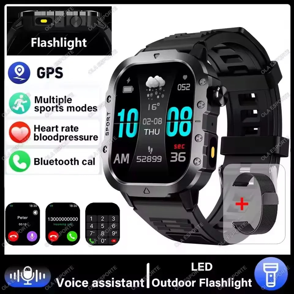 Reloj inteligente militar 2026 para hombre, 3ATM, deportivo para exteriores, rastreador de actividad física, monitor de presión arterial y salud, llamada BT, reloj inteligente con GPS