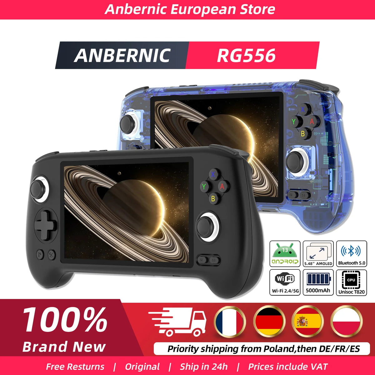 Anbernic RG556 Video Retro Game Console 64bit Android 13 System Unisoc T820 5.48-inch AMOLED Screen Hall Joystick Game Player