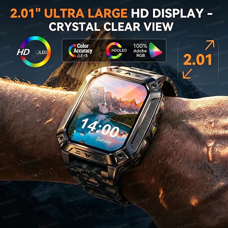 2026 HOT Upgraded Military Smart Watch Possess1400mAh Battery Capacity Outdoor IP68 Waterproof SOS Red And White LED Flashlight 100+Sport HD Call 2.01 inch Screen Watch