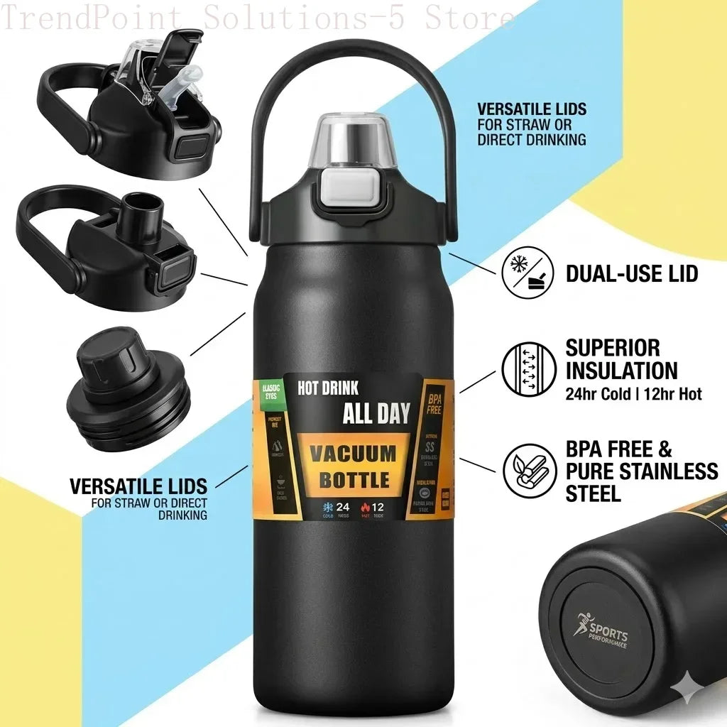 Botella térmica de acero inoxidable de gran capacidad, 1,2 litros, con aislamiento, doble tapa, pajita integrada, ideal para el gimnasio y para llevar agua.