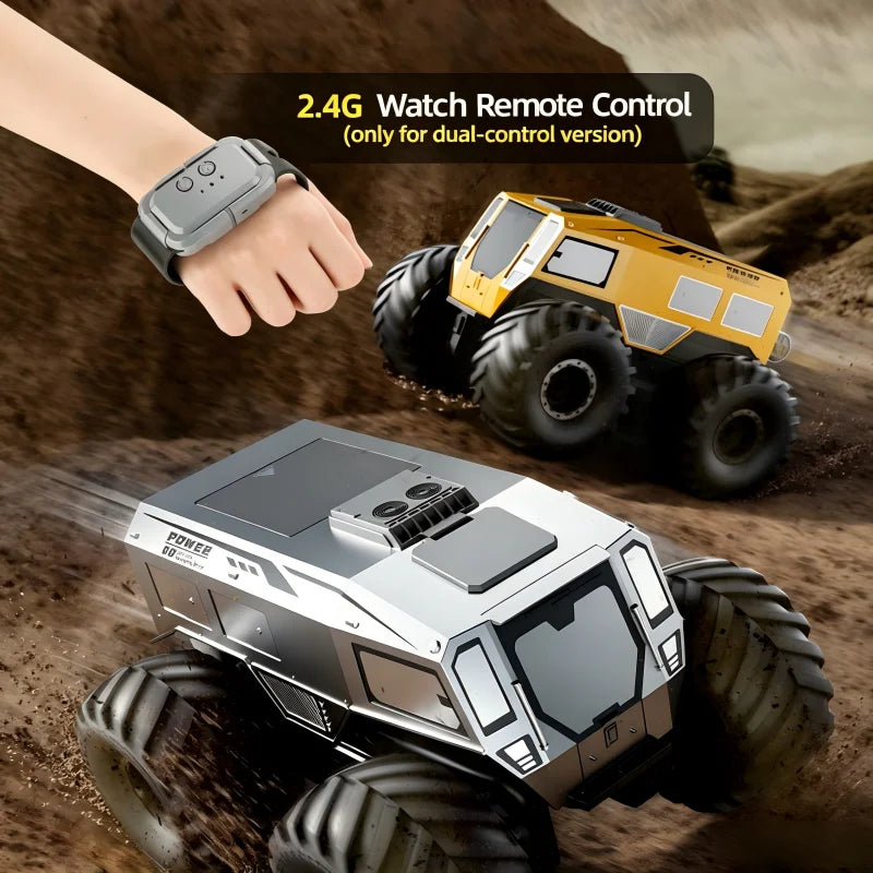 Coche RC anfibio beige con cabina negra y ruedas grandes de dibujo profundo.