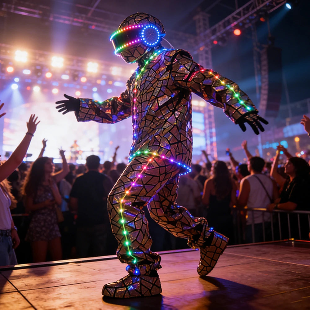 Traje de robot LED con lentejuelas brillantes a todo color, con luces LED, para hombre, para bailar en festivales y actuaciones.