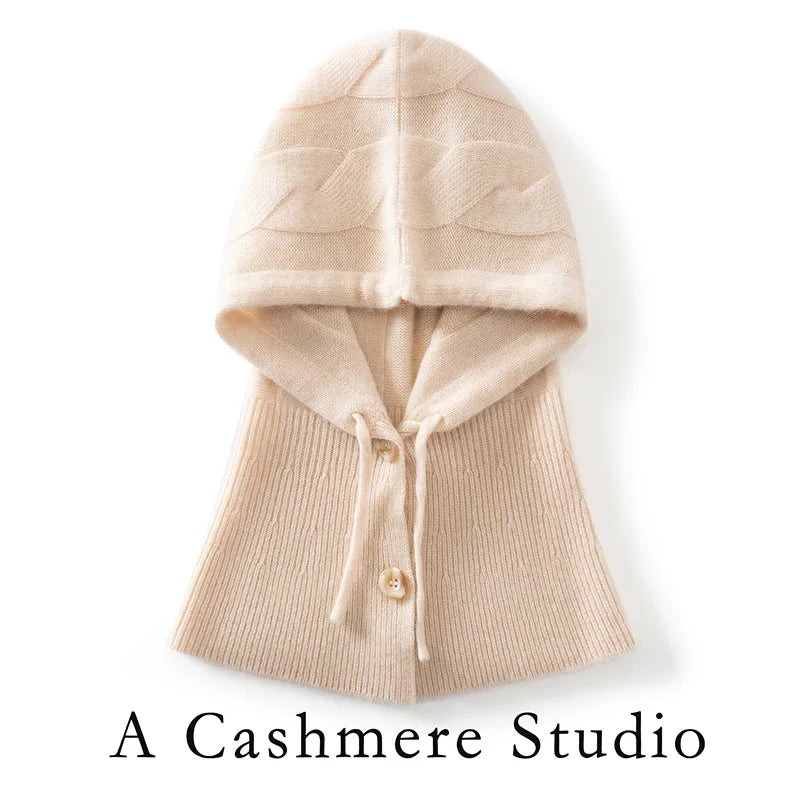 Gorro 100% de cachemira con capucha integrada de punto trenzado grande y cuello calentador, gorro tipo pasamontañas con botones para mujer, gorro cálido tipo pullover.