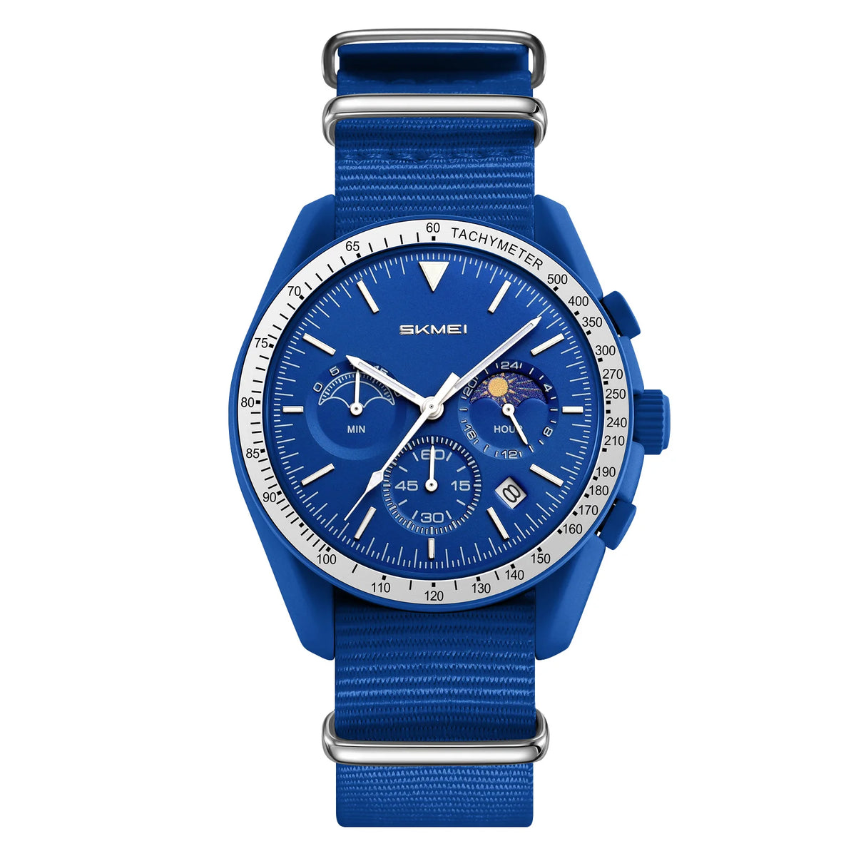Reloj de cuarzo unisex SKMEI redondo con correa de nailon, fase lunar, cronógrafo, taquímetro, fecha, reloj de pulsera ligero para hombre y mujer 9392