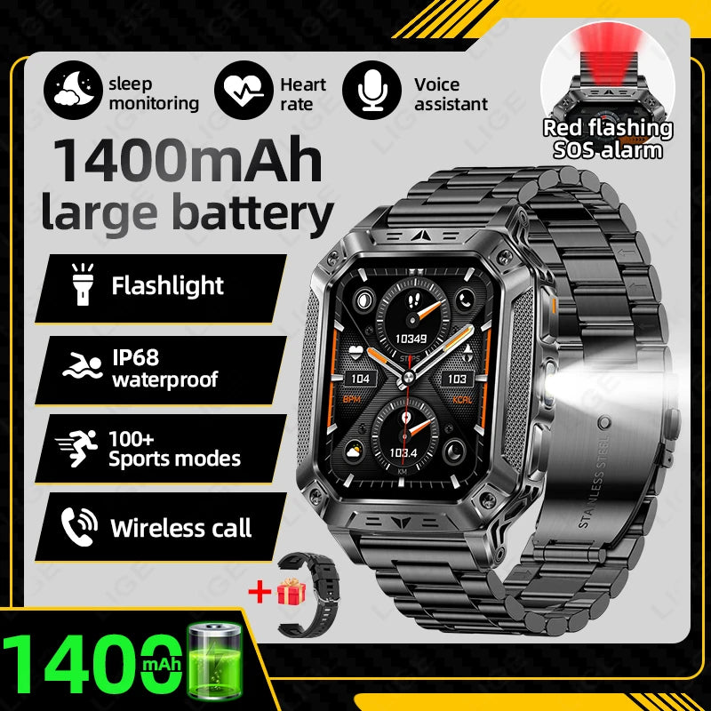 LIGE Built-in 1400mAh Super Large Battery Men Smart Watch Outdoor Flashlight IP68 Waterproof BT Call 2.01" New Smartwatch 2026