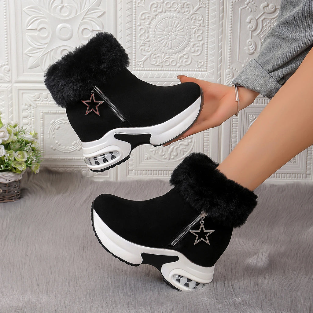 Botas informales de tacón alto para mujer, zapatos de cuña peluda gruesa, botas de nieve con plataforma para exteriores, invierno, 2024