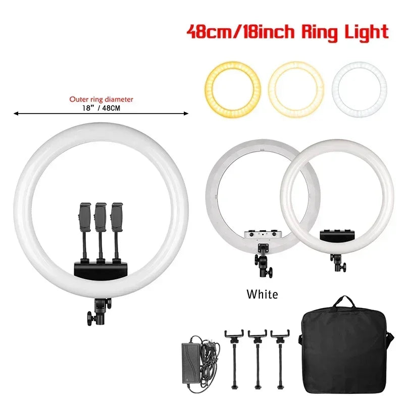 Aro de Luz LED de 45CM / 18 Pulgadas con Diferentes Estilos de Trípode o Soporte o Sin Soporte, Aro de Luz LED Grande de 18 Pulgadas con Control Remoto, Trípode, Soporte para Teléfono, Iluminación para Transmisiones en Vi