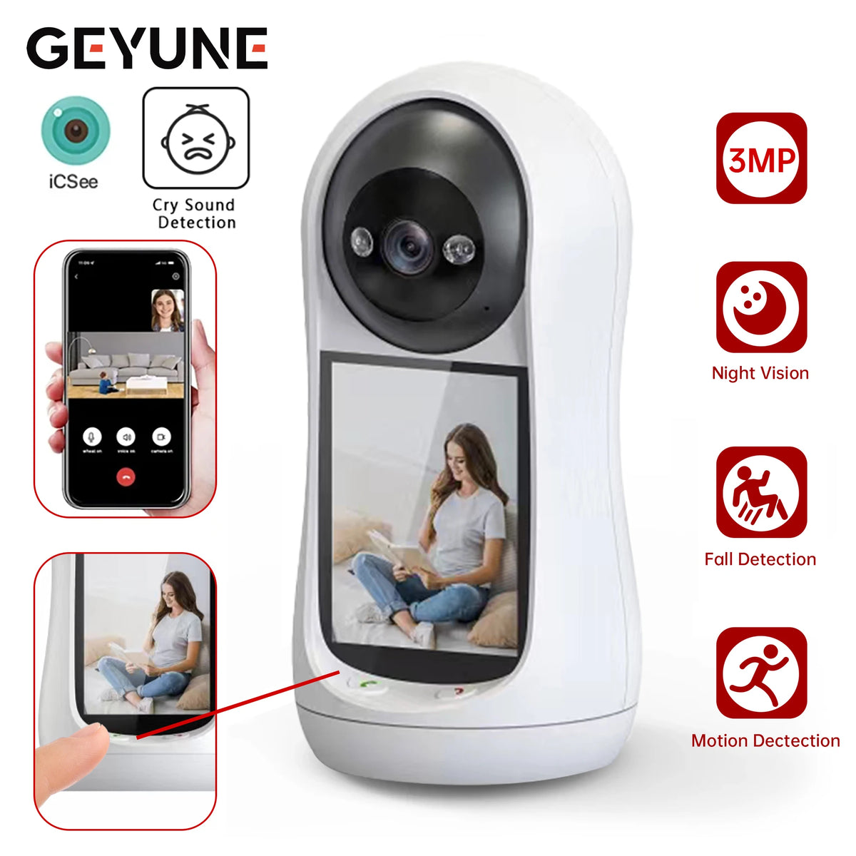 Cámara con Wifi 2K, 3MP, pantalla IPS de 2,8 pulgadas, seguimiento humano, Audio bidireccional, PTZ, videollamada, intercomunicador, Monitor inteligente para bebé, Icsee
