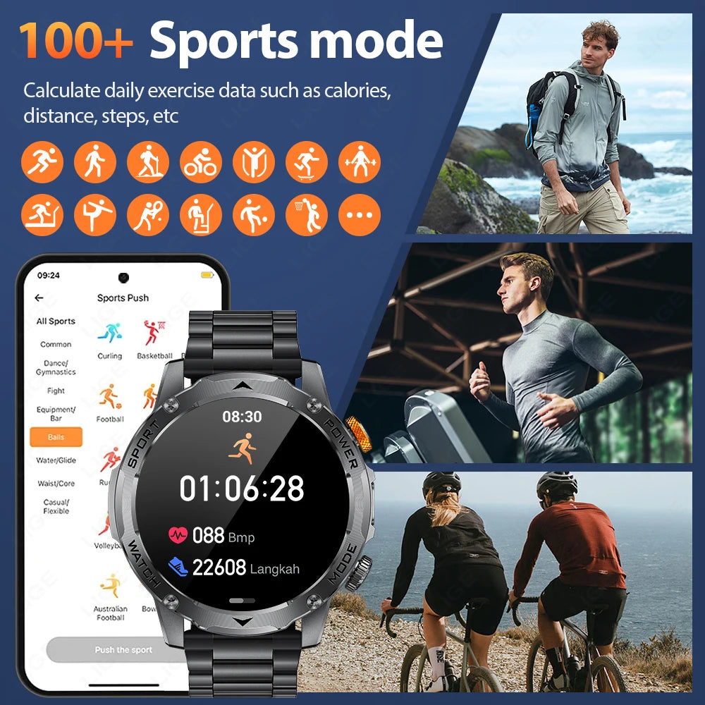LIGE Nuevo reloj inteligente para hombre con batería de gran capacidad de 1000 mAh, linterna exterior, llamadas Bluetooth, resistente al agua, reloj inteligente deportivo de fitness