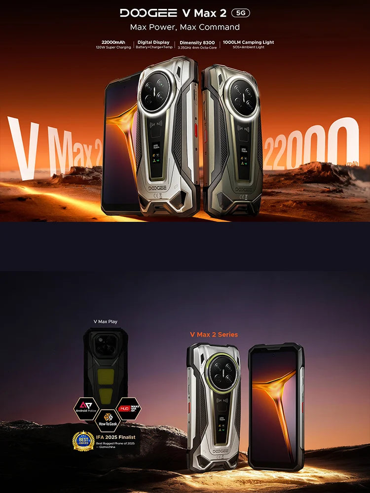Smartphone ultrarresistente insignia DOOGEE V Max 2 5G, estreno mundial, 6,78", pantalla digital, 48 GB (16+32) de RAM + 512 GB de ROM, gran batería de 22000 mAh, Android 16, luces de camping duales, carga superrápida de 120 W