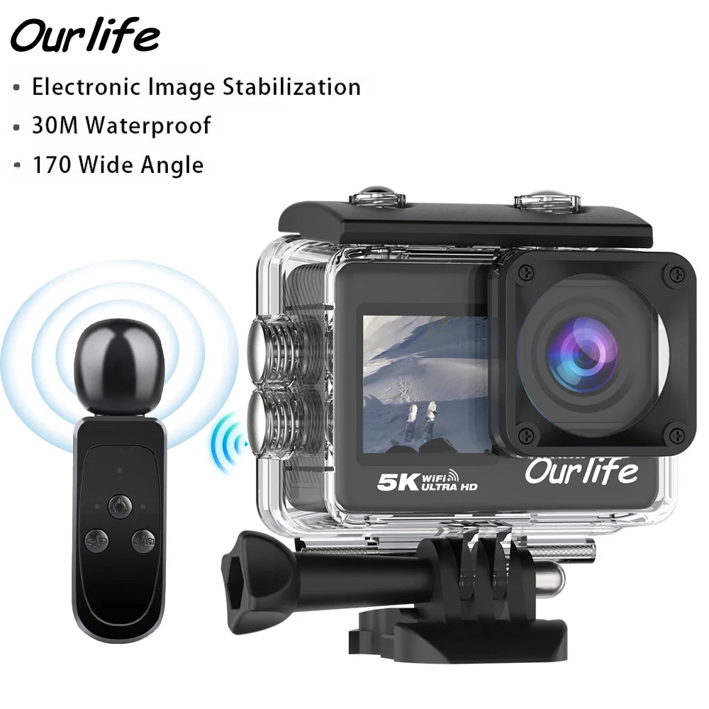 Cámara de acción Ourlife MTR60 Pro 5K 2.0'' Pantalla táctil 170 °   Cámara deportiva WiFi con zoom 5X resistente al agua 30M con control remoto 2 en 1