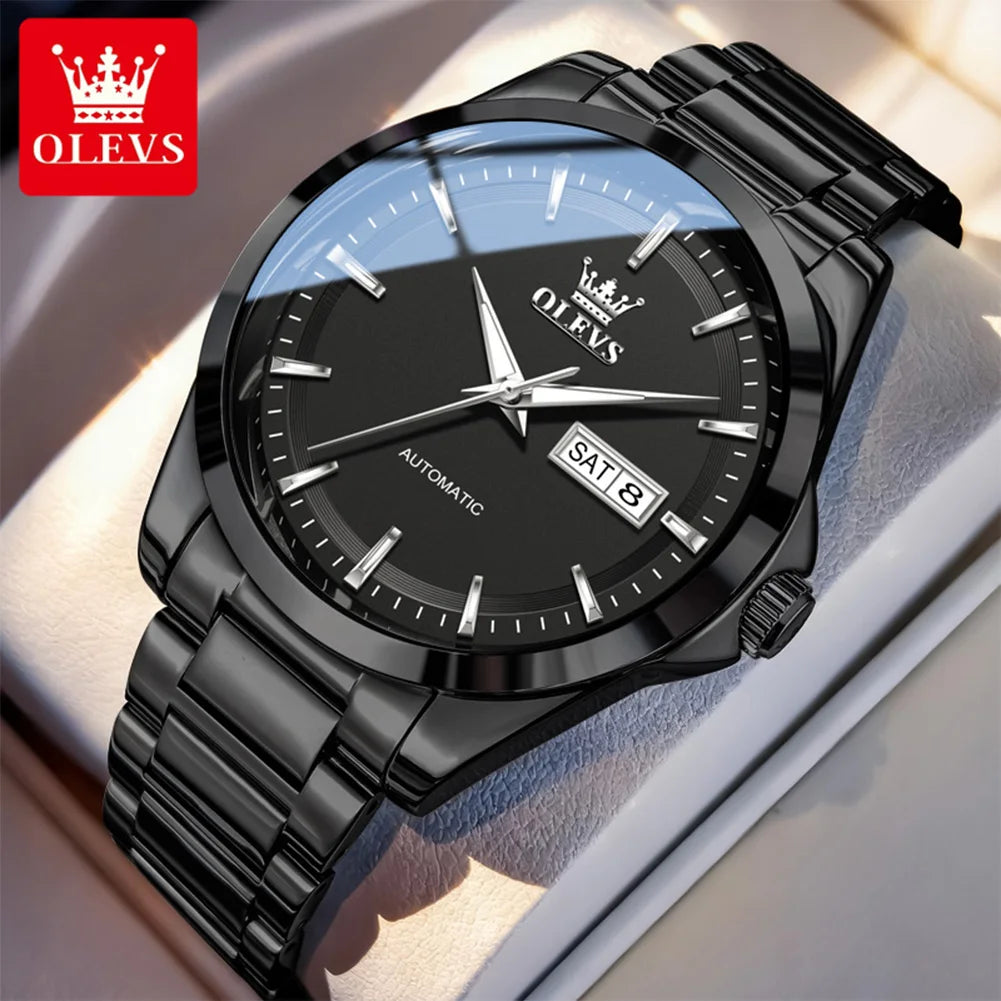 Reloj para hombre OLEVS 7090, reloj de pulsera mecánico automático con doble calendario, de acero inoxidable y resistente al agua, de gran venta