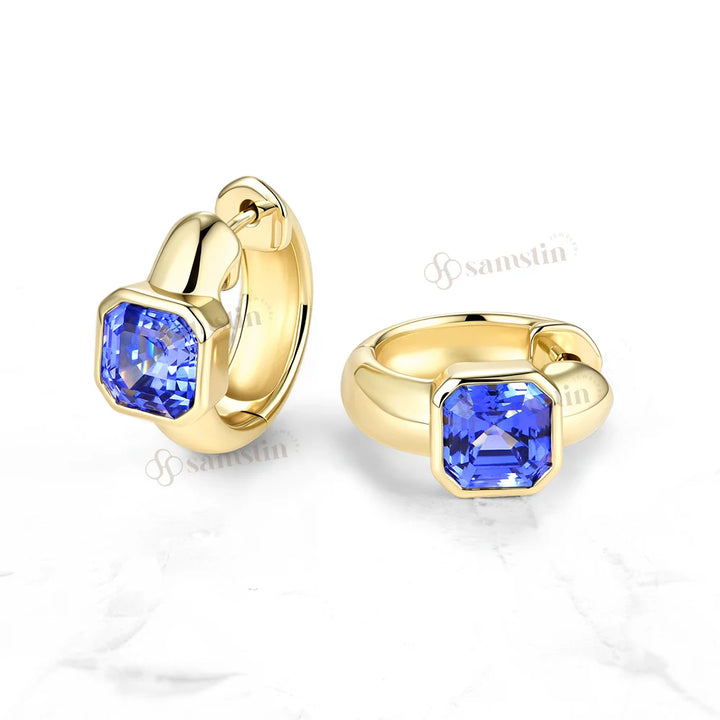 Pendientes de Aro Personalizados Samstin con 4CTW de Zafiro Azul Sintético para Mujer, Oro Amarillo Sólido de 14K 10K, para Regalos de Navidad y Fiestas