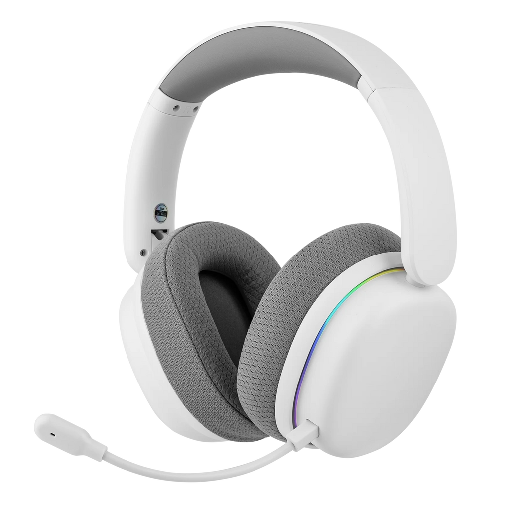 Auriculares gaming inalámbricos blancos con diadema y almohadillas grises, micrófono