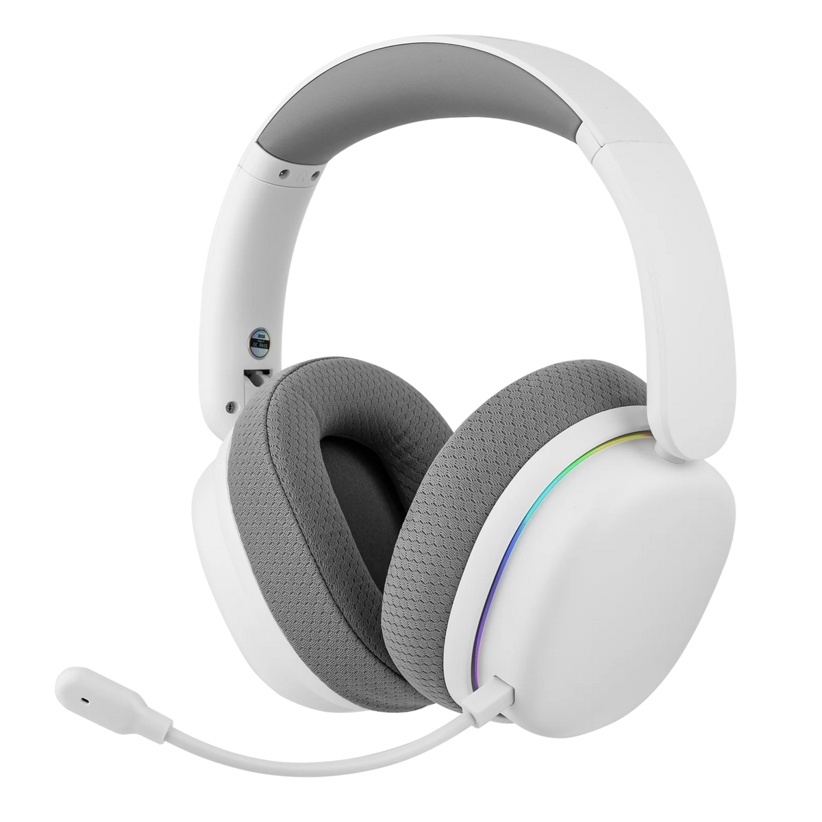 Auriculares gaming inalámbricos blancos con diadema y almohadillas grises, micrófono