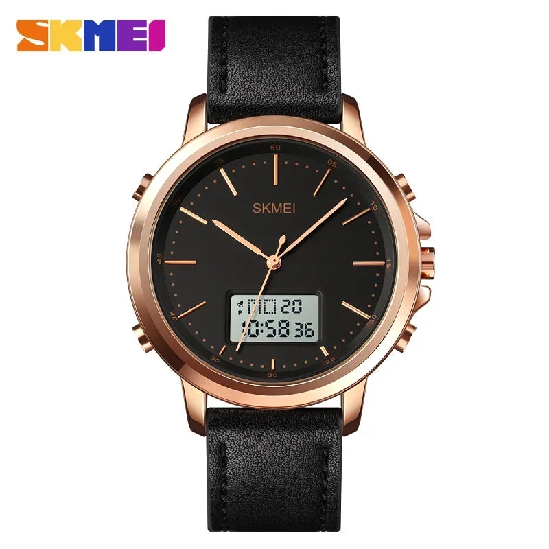 SKMEI 1652 Reloj impermeable con correa de cuero para hombre, reloj de pulsera digital, cronógrafo, alarma, pantalla dual, informal
