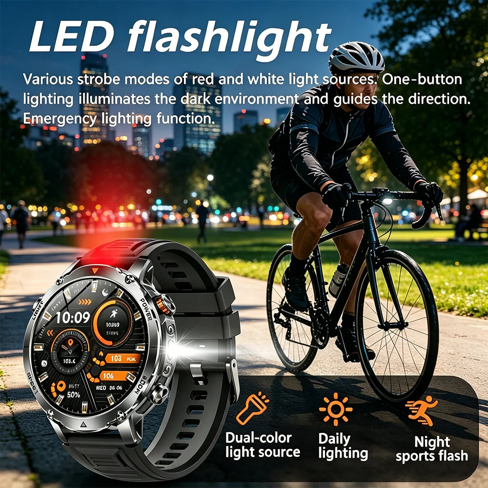 Reloj inteligente militar 2026, batería de 1400 mAh, linterna exterior para hombre, resistente al agua IPX8, más de 100 deportes, llamadas Bluetooth, pulsera de fitness