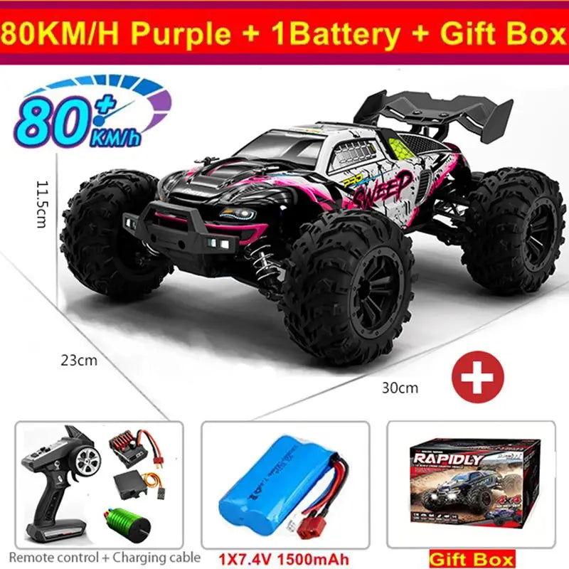 Coches RC de 50 u 80 km/h, escala 1/16, todoterreno, derrape, 4WD con LED, control remoto 2.4G, camión monstruo impermeable, regalo de juguete para adultos y niños