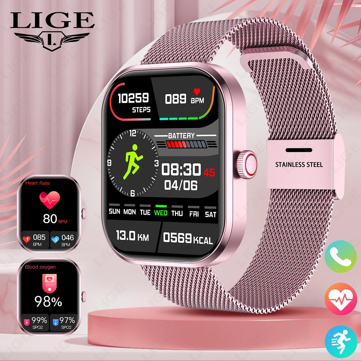 Reloj inteligente de moda LIGE para mujer, con llamada Bluetooth, monitor de salud femenina, frecuencia cardíaca, presión arterial, reloj inteligente digital de fitness para hombre