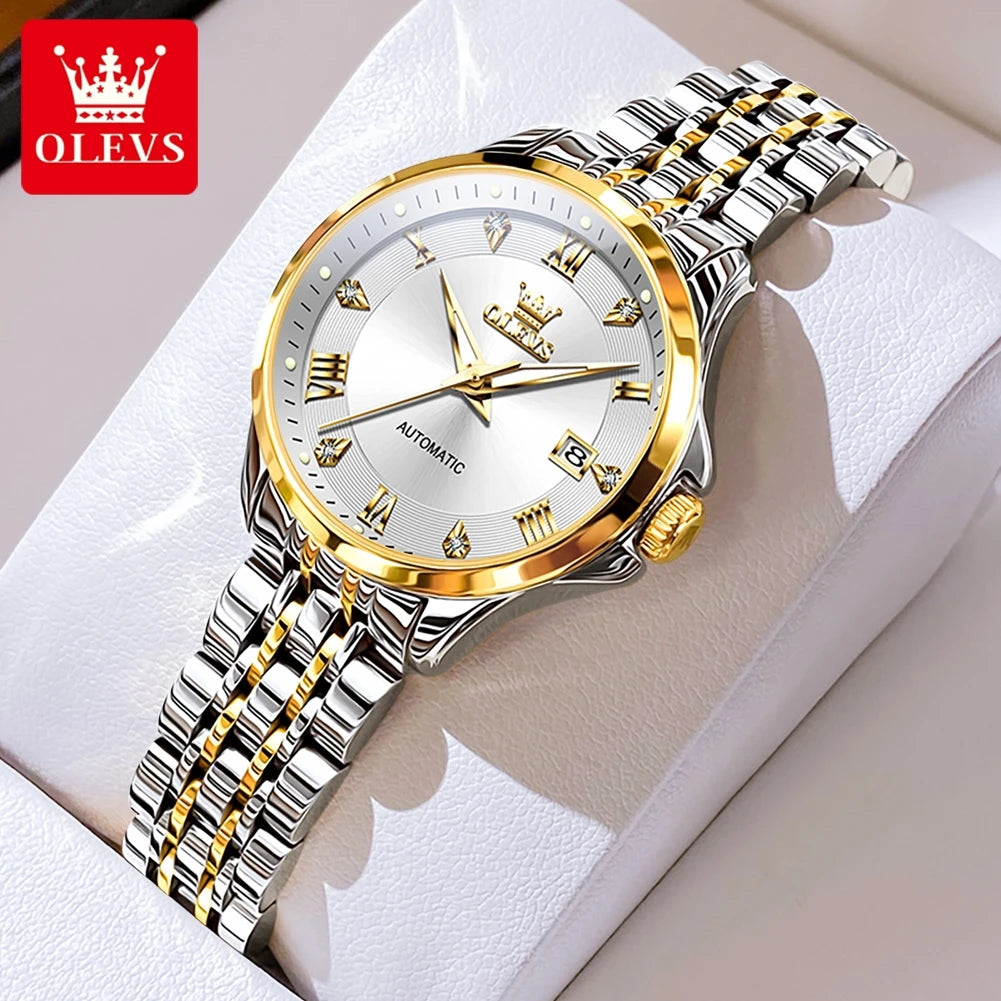 Reloj mecánico para mujer OLEVS, correa de acero inoxidable, calendario, reloj de pulsera de lujo para dama, reloj automático original para mujer 6702