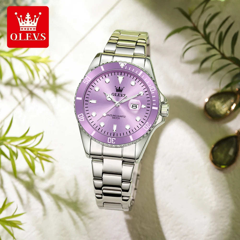 Reloj para mujer OLEVS 5885 Elegance, movimiento de cuarzo original, función de luz nocturna, correa de acero inoxidable, reloj resistente al agua para mujer