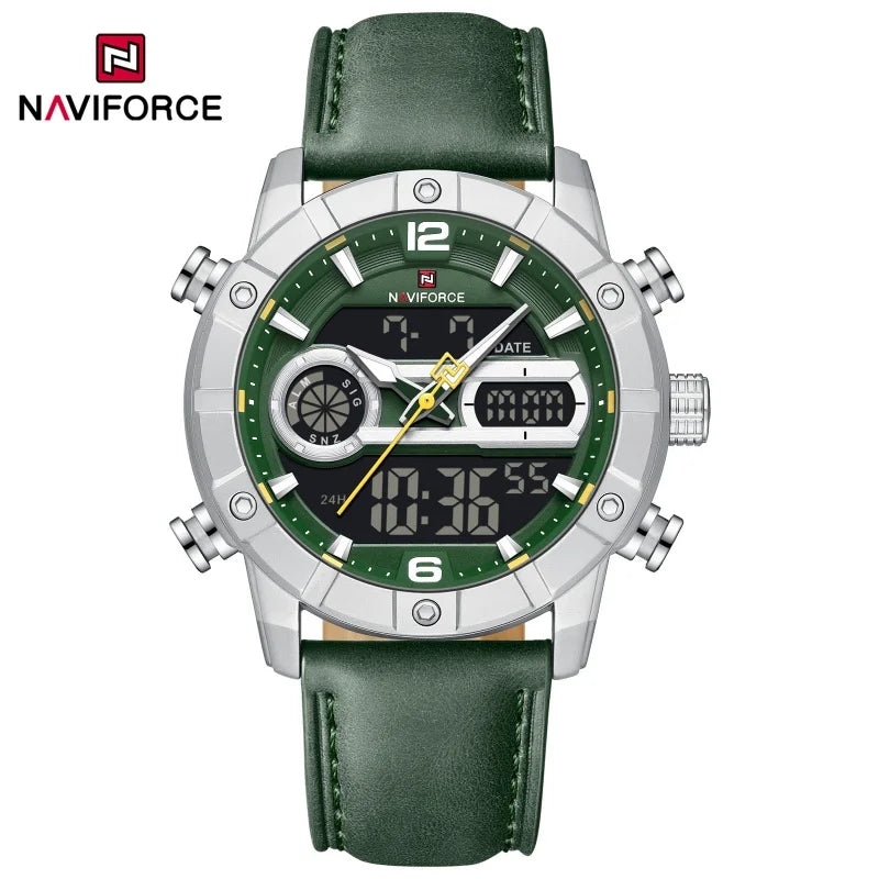 Reloj para hombre NAVIFORCE NF9263 con correa de cuero genuino, cronógrafo, alarma, pantalla luminosa resistente al agua, reloj para hombre con correa de cuero genuino