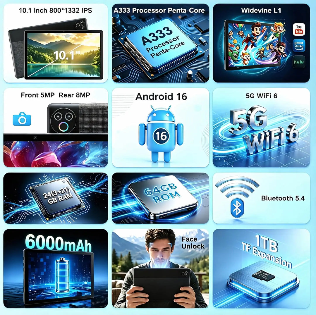Tableta KB1001L de 10.1 pulgadas con Android 16, RAM máxima de 24GB (3GB+21GB), ROM de 64GB, CPU A333 de 5 núcleos, pantalla táctil HD IPS de 800*1280, batería de 6000mAh, cámara dual de 5MP+8MP, WiFi 6, Widevine L1, des