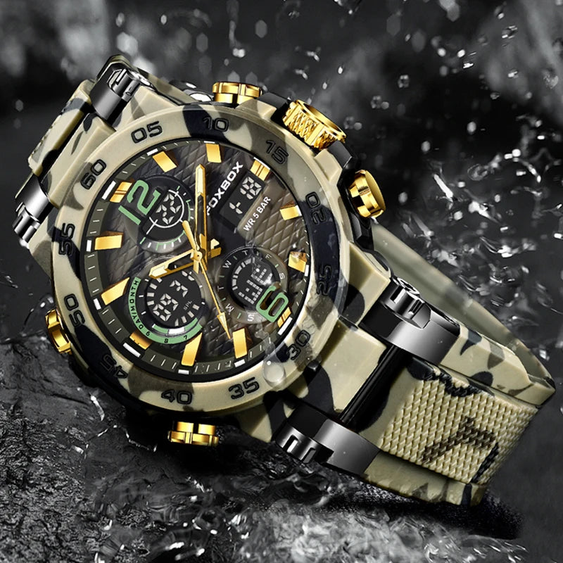 FOXBOX Outdoor Military Watch Men Fashion Camouflage Silicone Digital Watch For Men Sport Waterproof Men's Quartz Wristwatches