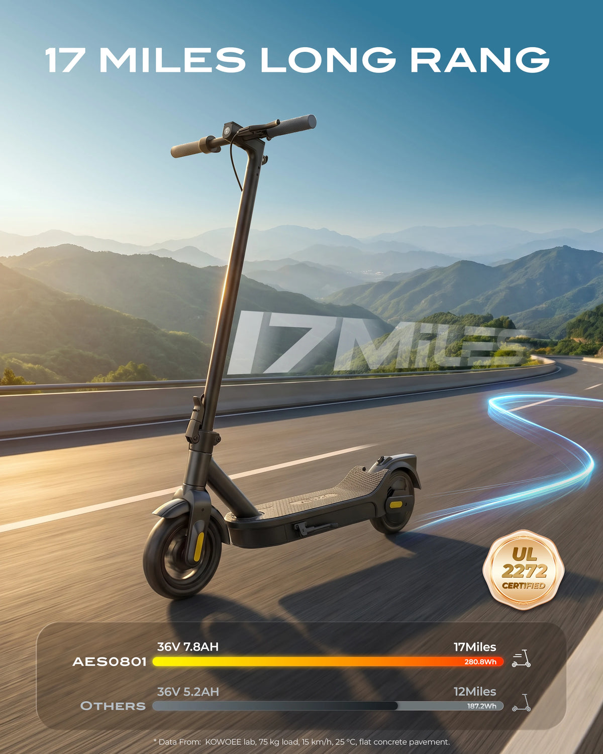 Patinete eléctrico plegable negro con ruedas de 8,5" y manillar alto.