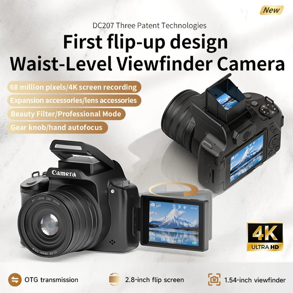 Cámara de 68MP con Zoom Digital de 28X, Video 4K a 60 FPS, Pantalla LCD Abatible de 2.8 Pulgadas con Rotación de 180 Grados para Vloggers y Aficionados