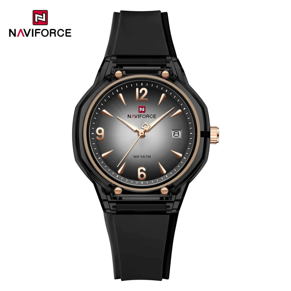 Reloj de moda para mujer NAVIFORCE resistente al agua con pantalla de manecillas luminosas, correa de silicona elegante y brillo nocturno