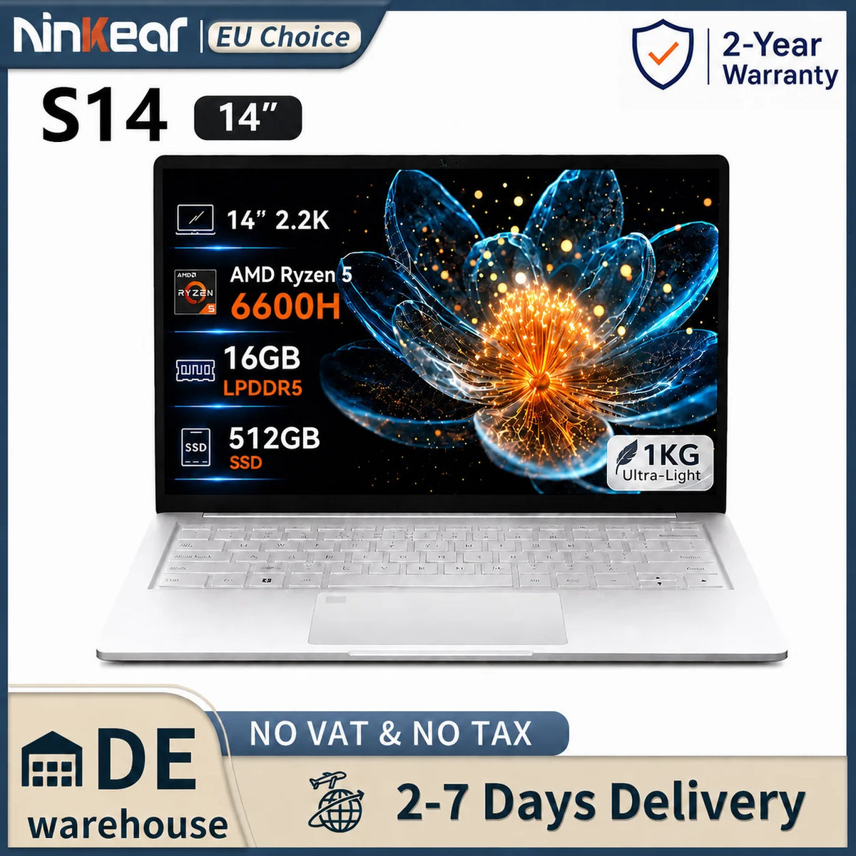 Ninkear 14 Inch Laptop AMD Ryzen 5 6600H 16GB LPDDR5 RAM 512GB SSD 2.2K IPS Display 100% sRGB Ultra Slim 1KG Notebook PC WiFi 6 Bluetooth 5.3 Fingerprint Unlock PD65W Fast Charge Metal Body