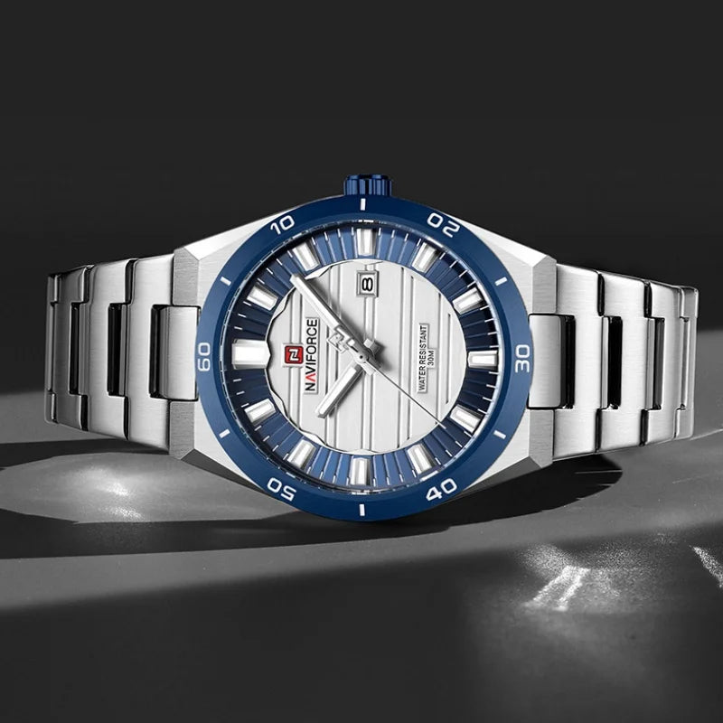 Reloj de pulsera para hombre NAVIFORCE NF9268 de acero inoxidable, resistente al agua 3ATM, diseño sencillo y moderno con manecillas luminosas y calendario.