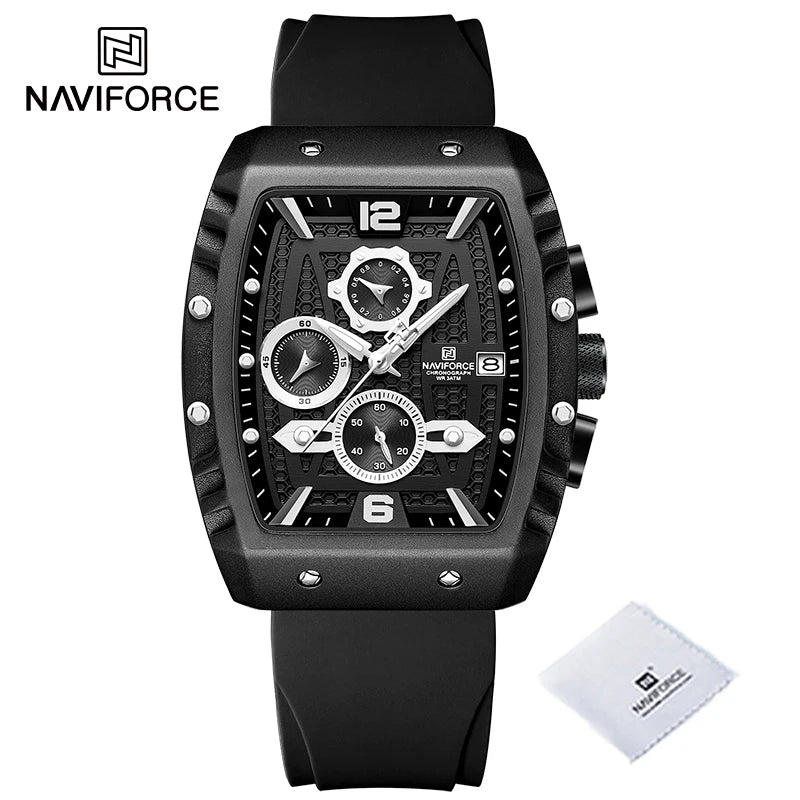 Reloj de cuarzo multifunción NAVIFORCE para hombre, deportivo, resistente al agua, con correa de silicona, calendario y cronógrafo, modelo NF8025