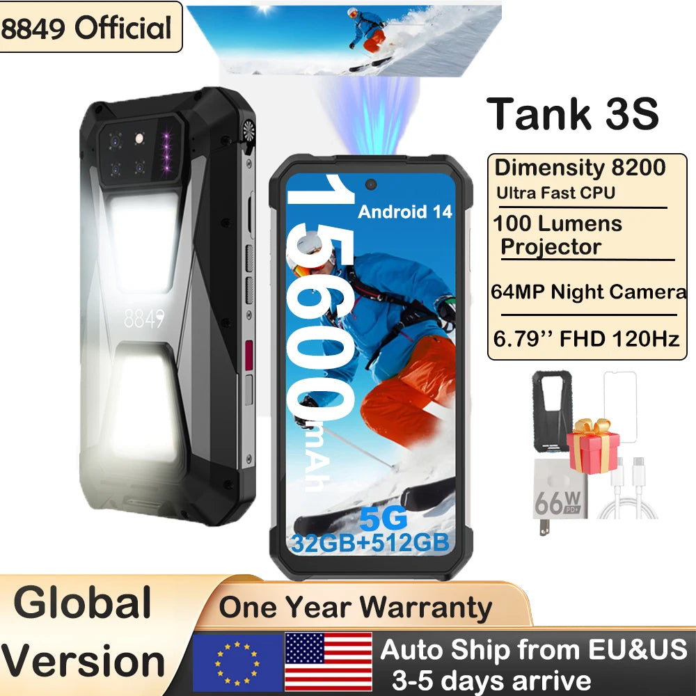 Smartphone resistente 8849 Tank 3S Unihertz con proyector 5G, 24/32GB RAM, 256/512GB ROM, Dimensity 8200, 64MP, teléfono de visión nocturna