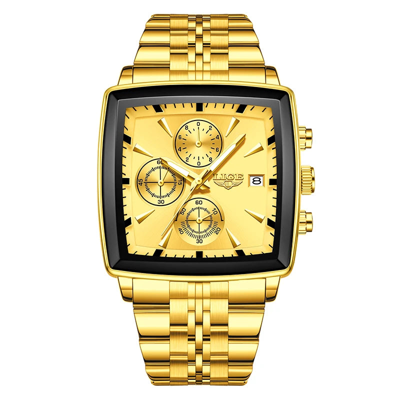 Relojes de lujo LIGE para hombre, esfera cuadrada, acero inoxidable, resistente al agua, luminoso, fecha automática, cronógrafo, reloj de cuarzo para hombre + caja
