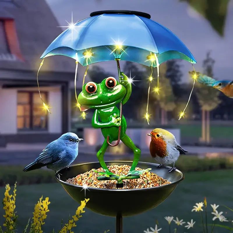 Estatua de rana alimentada por energía Solar, farola, decoración de jardín, colibrí al aire libre, comedero de pájaros para patio, césped, iluminación de camino trasero