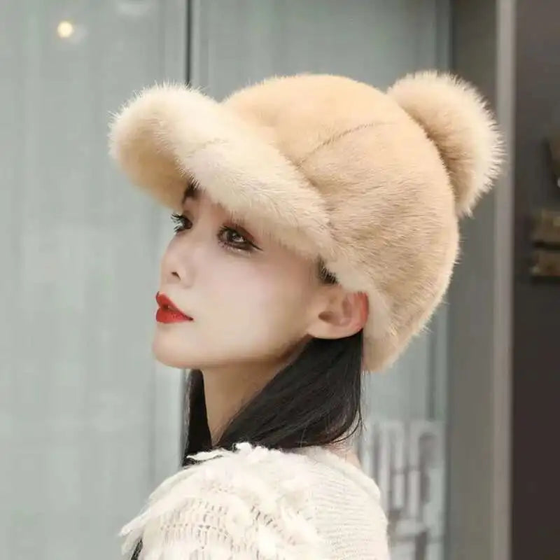 Gorro de piel de visón auténtica para mujer, gorro informal de pico de pato con bola de piel de zorro, gorro de caballero tejido a la moda, gorros de béisbol de piel auténtica gruesa