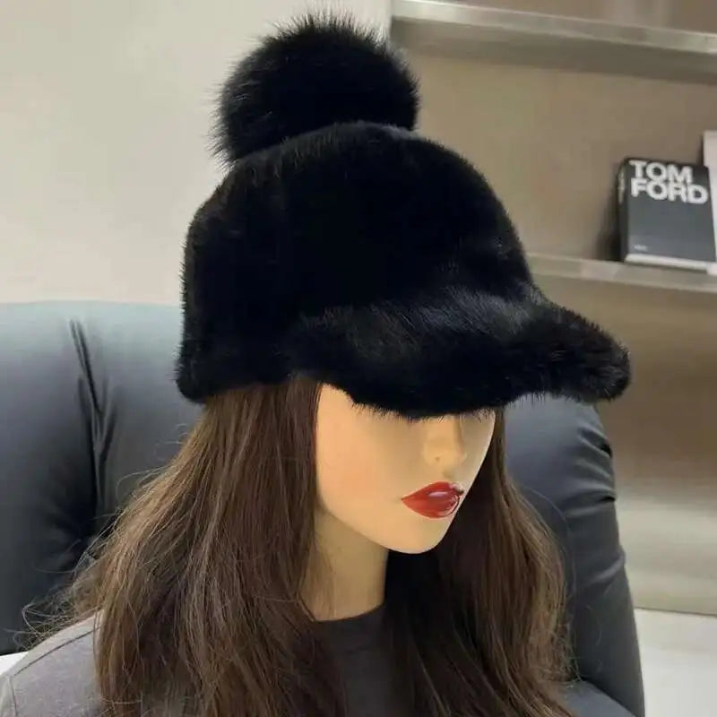 Gorro de piel de visón auténtica para mujer, gorro informal de pico de pato con bola de piel de zorro, gorro de caballero tejido a la moda, gorros de béisbol de piel auténtica gruesa