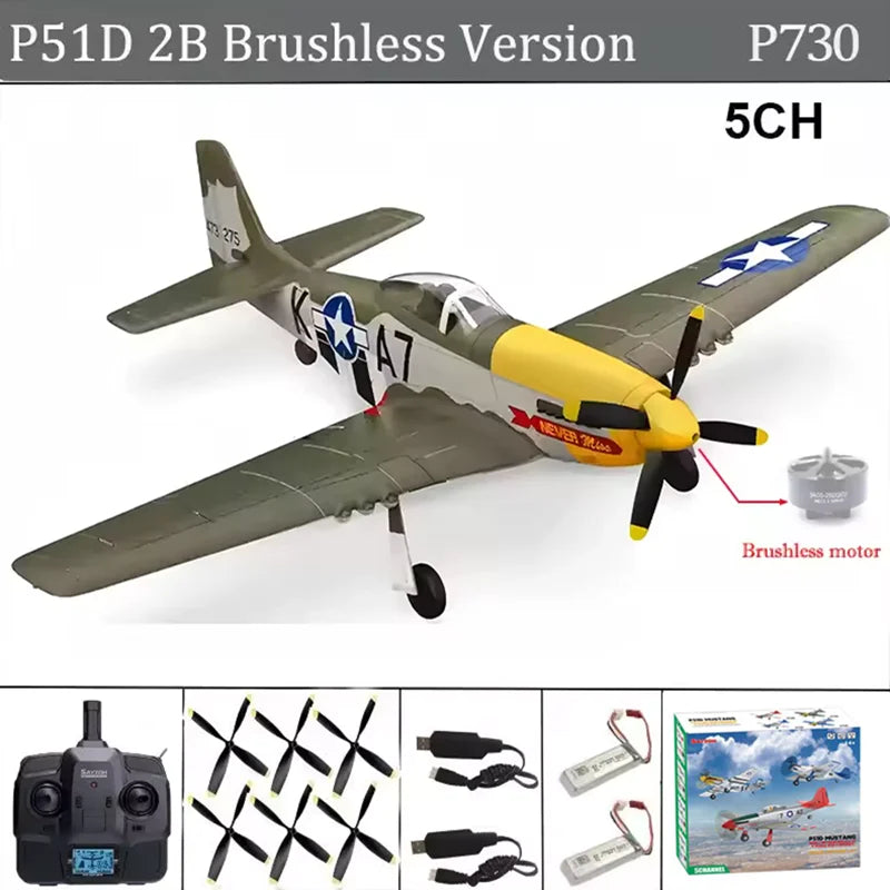 Avión RC 2026 de 5 Canales, 2.4G, P51D Mustang, Ala Fija, Envergadura de 510 mm, 3D/6G con Giroscopio y Motor sin Escobillas, Juguete de Combate para Exteriores