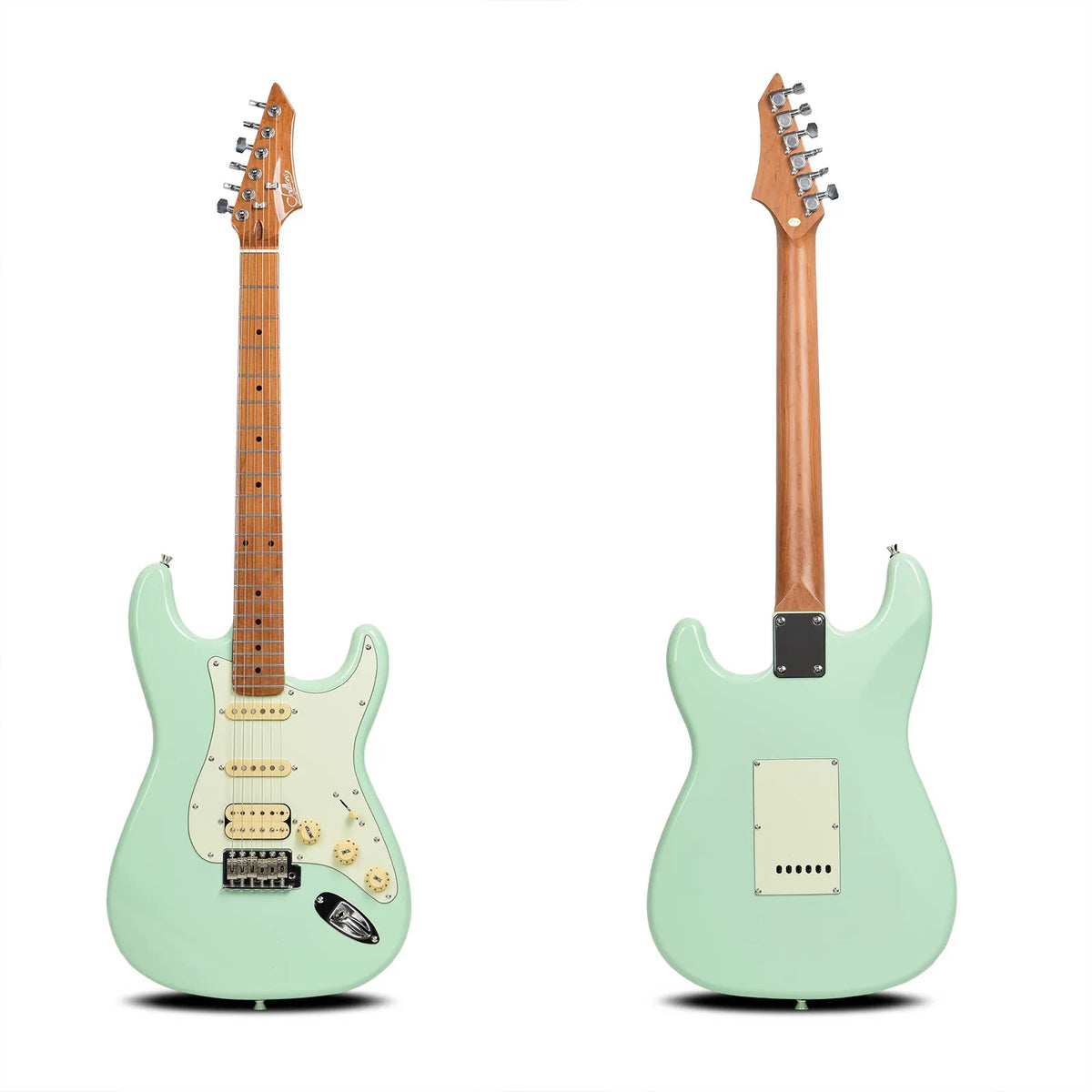 Guitarra eléctrica de estilo rock ST PRO 22, con trastes, pastillas Alnico 5 HSS, mástil de arce, cuerpo con acabado brillante, herrajes cromados, 6 cuerdas, ideal para guitarristas de rock.