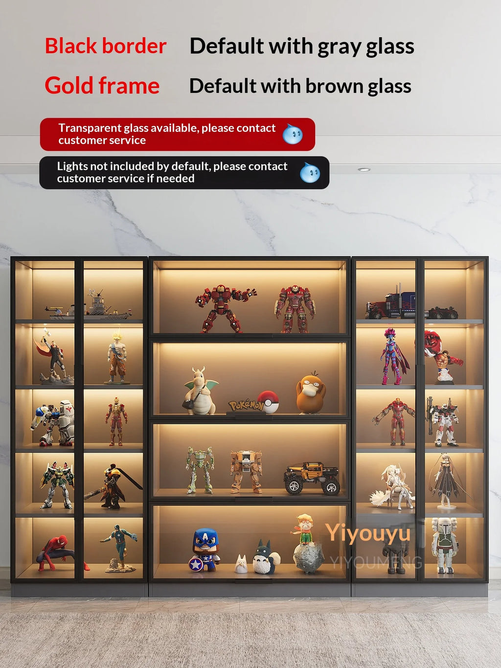 Customizable Figure Display Cabinet Tempered Glass Door LED Light Large Capacity Layered Storage Aluminum Frame Eco Living