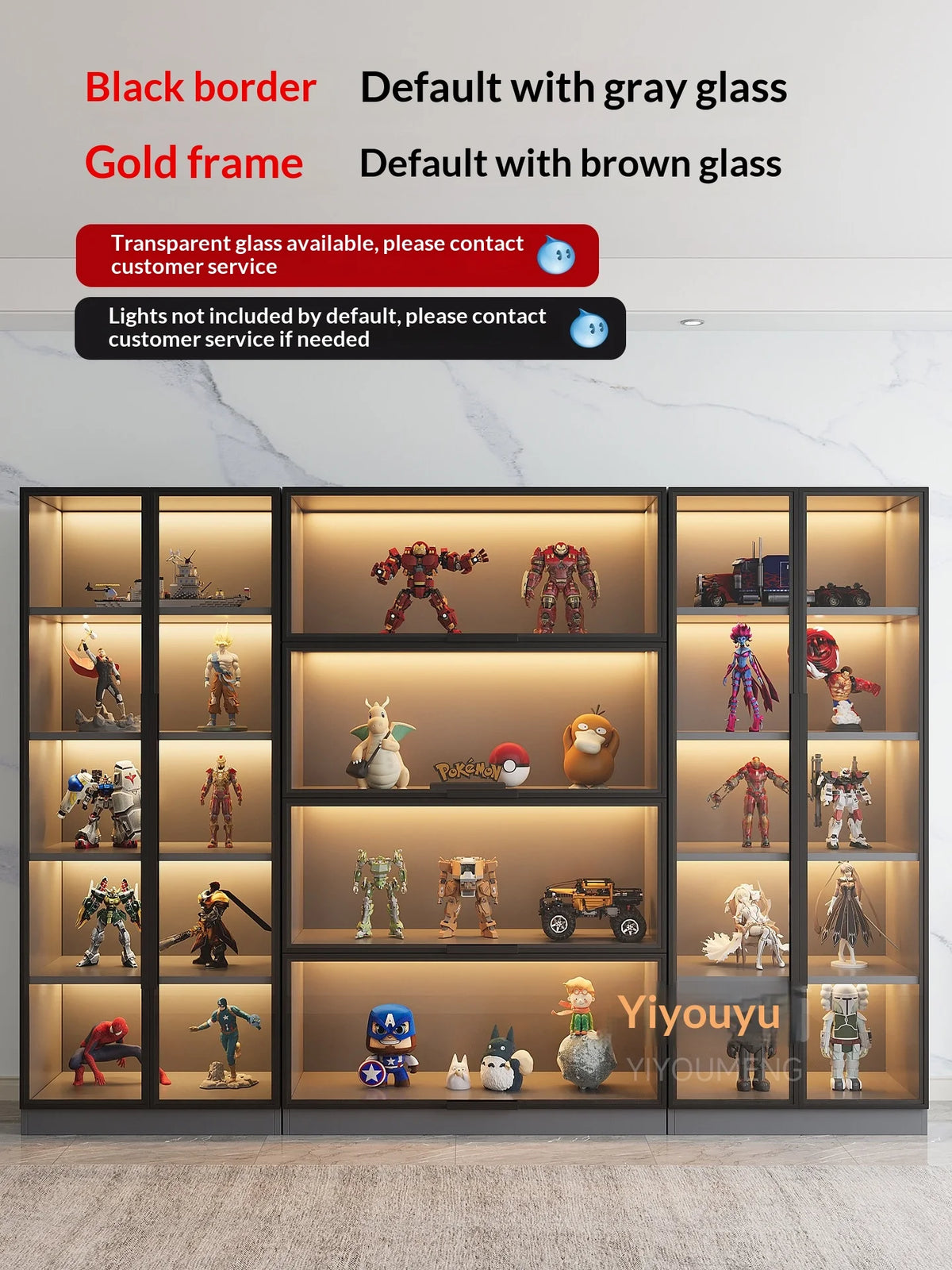 Customizable Figure Display Cabinet Tempered Glass Door LED Light Large Capacity Layered Storage Aluminum Frame Eco Living