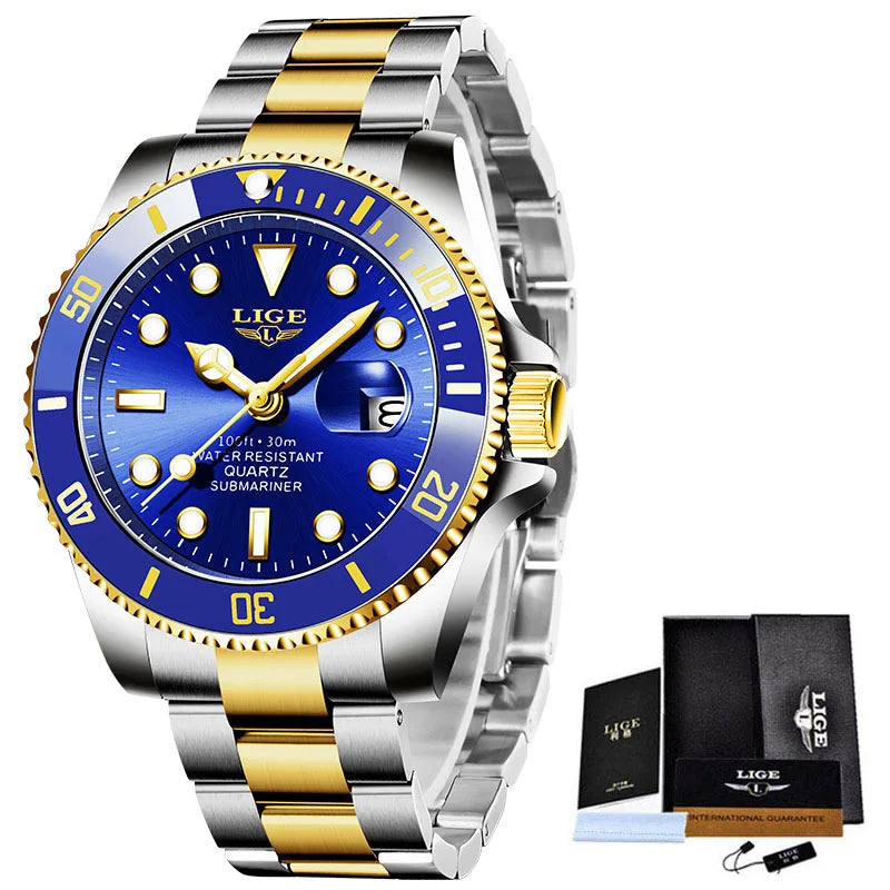 Reloj de pulsera deportivo para hombre LIGE, de cuarzo, marca de lujo, estilo buceo, resistente al agua 30ATM, con calendario.