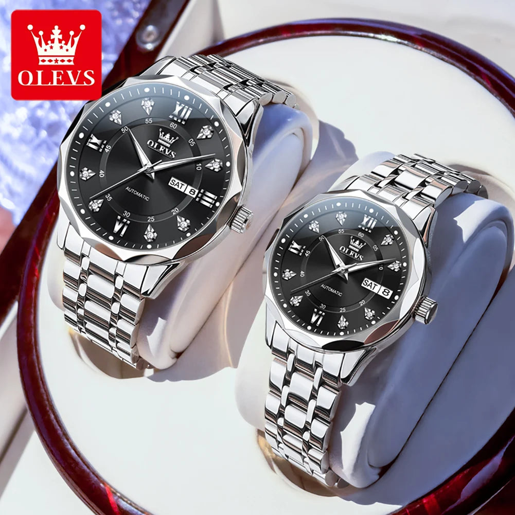 Relojes para pareja OLEVS 6727, marca de lujo, reloj mecánico automático, resistente al agua, luminoso, reloj de pulsera para pareja con día y fecha