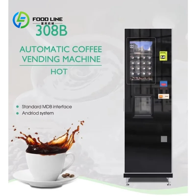 Máquina expendedora de café caliente automática negra con panel de selección y dispensación