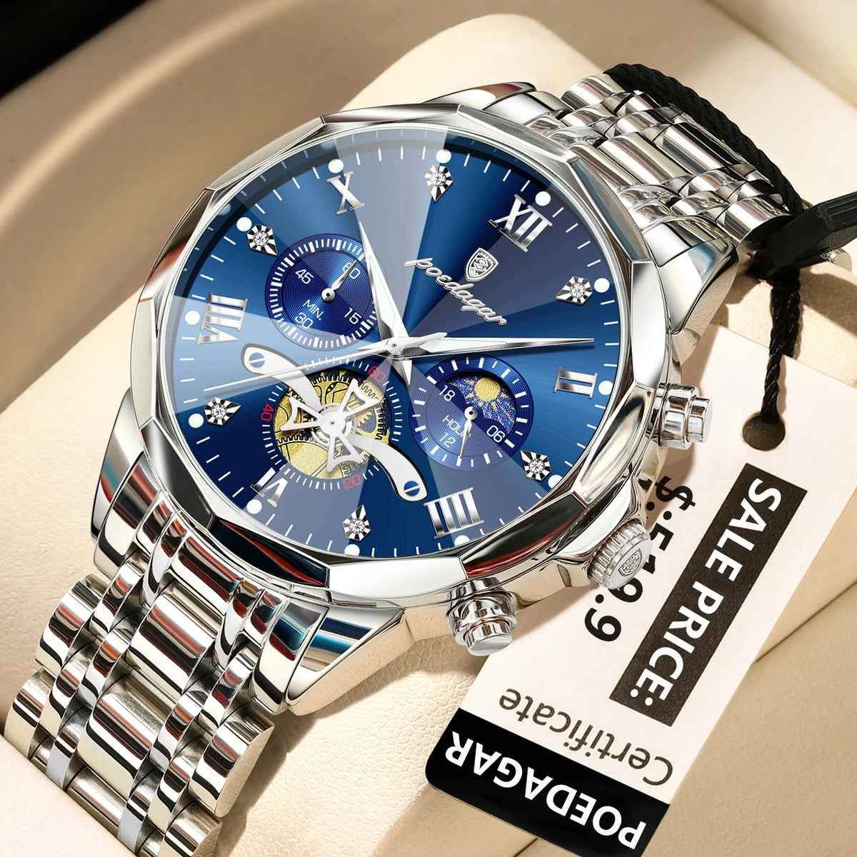 POEDAGAR Reloj de Lujo para Hombre, Reloj de Pulsera Cronógrafo Luminoso Impermeable Original Superior, de Acero Inoxidable, Relojes de Cuarzo para Hombre, Reloj