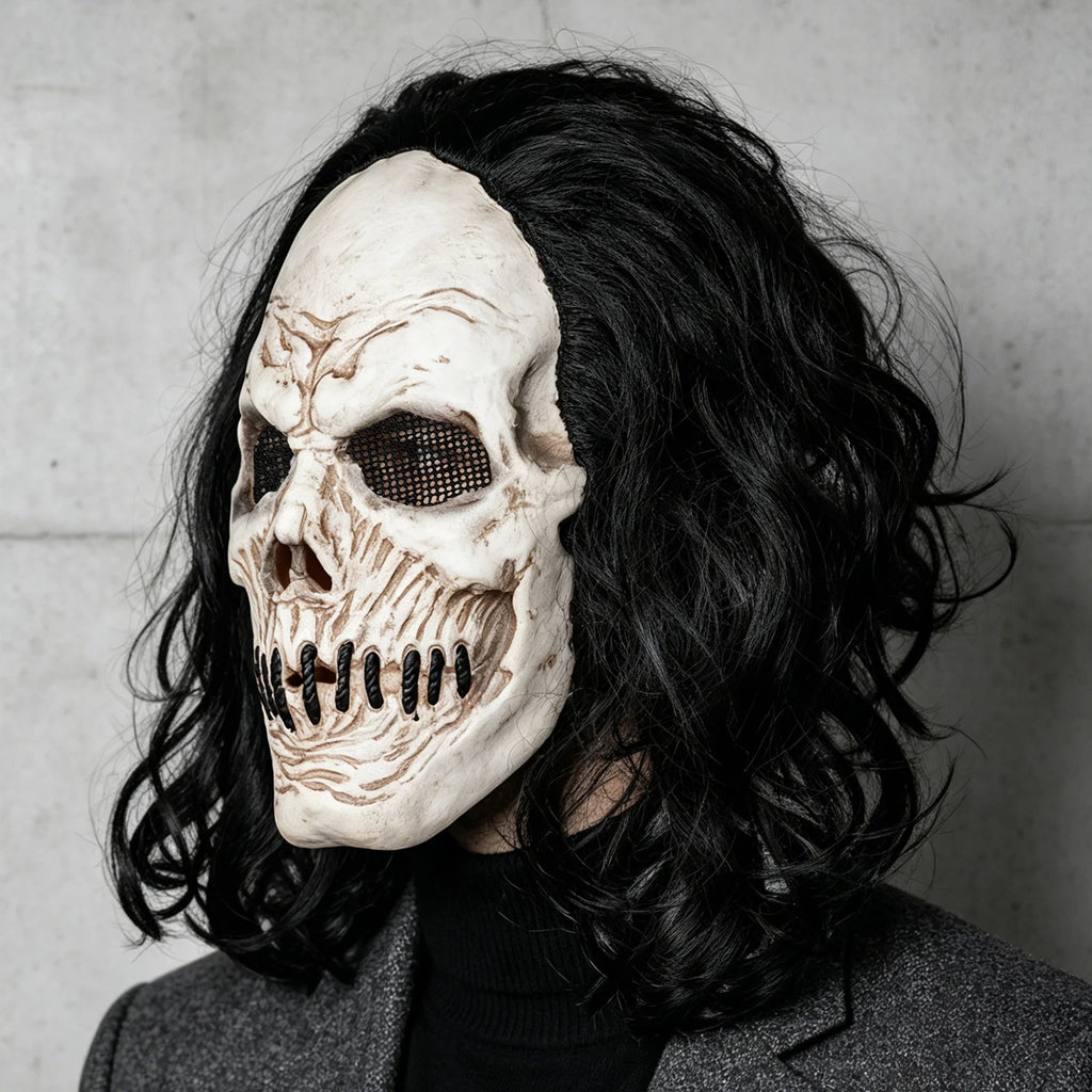 Máscara de Calavera de Pelo Largo Negro, Perfecta para Fiestas, Bromas de Halloween, Bailes de Máscaras y Fiestas de Carnaval, Hecha de Látex, Suave y Duradera