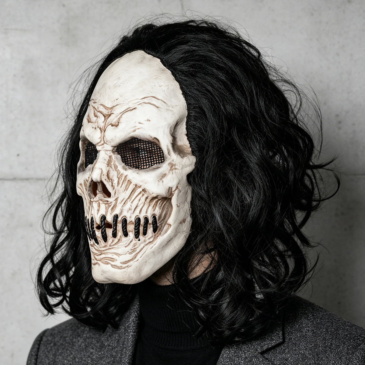 Máscara de Calavera de Pelo Largo Negro, Perfecta para Fiestas, Bromas de Halloween, Bailes de Máscaras y Fiestas de Carnaval, Hecha de Látex, Suave y Duradera